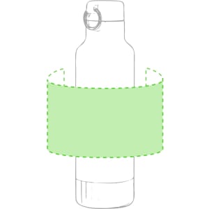 A drink bottle with a rounded body and a ring top, featuring a green band around its middle.