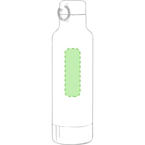 A drink bottle in white with a green section, featuring a clip and a simple design, includes a logo.