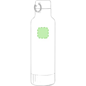 A drink bottle in a sleek design with a silver finish and a green-highlighted area for customisation.