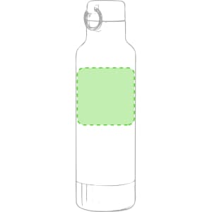 A drink bottle with a transparent base and a screw top, featuring an empty green label area. It includes a loop attachment.
