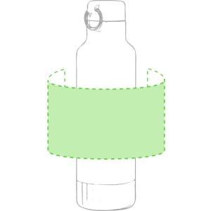 A drink bottle with a transparent design and a green band around its middle. It features a loop cap and a sleek shape.