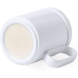 A white charger cup warmer with a handle, featuring a smooth, glossy finish. It includes a logo on the side.