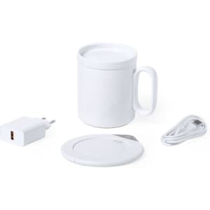 A drink bottle warmer in white includes a charging base, a power adapter, and a USB cable.