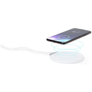 A wireless charger with a circular white base and a smartphone above it, connected by a cable.