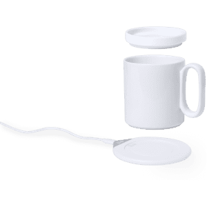 A white drink mug with a lid and a silver charger pad, designed for warming beverages.
