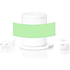 A white charger cup warmer with a power adapter and cable, designed for wireless charging of devices.
