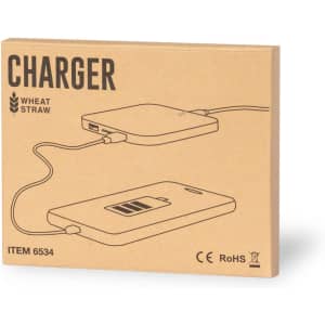 A wireless charger packaged in a brown box with a simple design, featuring a USB connection and a logo.