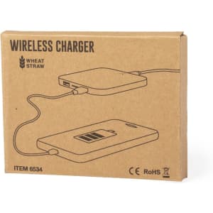 A wireless charger in a cardboard box design, featuring a USB connection and a minimalistic illustration.