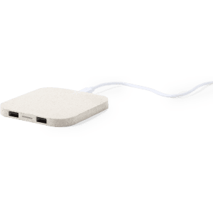 A wireless charger in a light grey colour with a white cable, featuring two USB ports on the side.