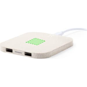A wireless charger in a light beige colour featuring dual USB ports and a green indicator light.
