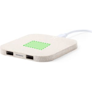 A wireless charger in a light grey colour, featuring a green indicator and two USB ports.
