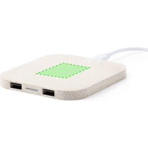 A wireless charger in a square shape, featuring a light-coloured body, with two USB ports and a green indicator area.