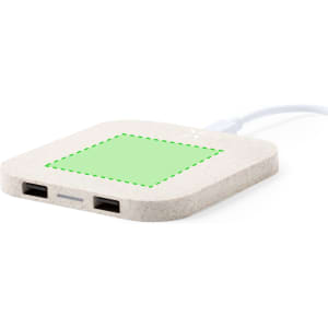 A wireless charger in a light beige colour with a green charging area and two USB ports on the side.