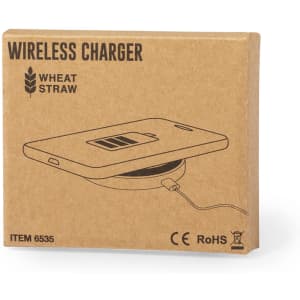 A wireless charger in a cardboard box, featuring a minimalist design and a wheat straw colour scheme.