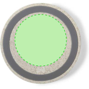 A round wireless charger in grey and light green, featuring a branding logo in the centre.