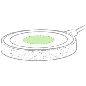 A circular wireless charger in grey with a subtle green charging indicator. It features a simple design and a cable.