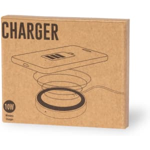 A wireless charger in a cardboard box featuring a logo, designed for mobile devices, predominantly in brown and black.