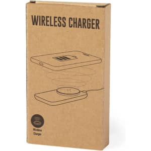 A wireless charger in a brown cardboard packaging with an illustration on the front.