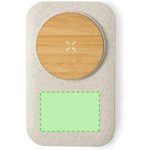 A wireless charger featuring a natural bamboo top with a light grey base. It has a logo and a blank area for custom branding.