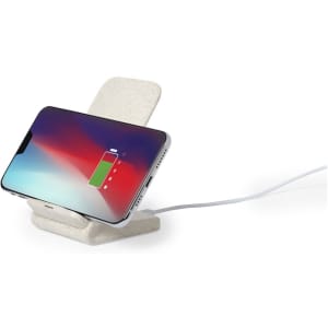 A wireless phone charger in white, featuring a stand design and a device displaying a low battery indicator.