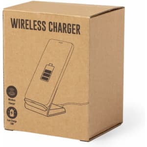 A brown cardboard box containing a wireless charger with a sleek design and charging indicator graphic.