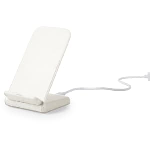 A white wireless charger with a sleek design, featuring a stand and a connecting cable.