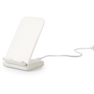A wireless charger with a textured white surface and angled design, connected by a white cable.