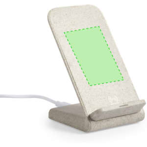 A wireless charger in a beige colour with a slanted design, featuring a logo on the base and a green outline on the surface.