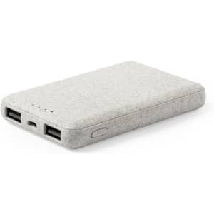 A grey power bank with two USB ports and a sleek, minimalist design. It features a branding logo.