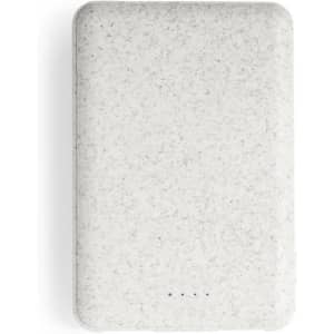 A white power bank with a textured surface and a small logo, featuring lights indicating charge level.