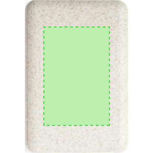 A light-coloured power bank with a rectangular shape and a logo. The surface has a textured appearance.