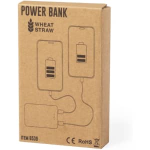 A brown cardboard box containing a power bank with an illustration of phone charging icons, featuring a logo.