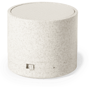 A cylindrical, off-white speaker with a textured surface and a speaker grille on top. It features a branding logo.