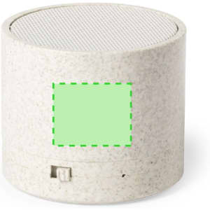 A cylindrical, light grey portable speaker with a mesh top and a branding area on the side.