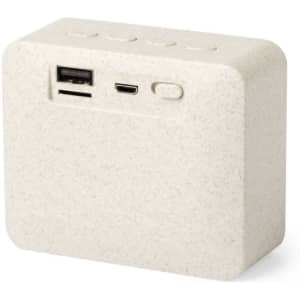 A light-coloured speaker with ports and buttons on the side, featuring a simple and modern design.