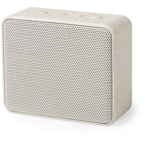 A compact, square speaker in a light grey finish, featuring a mesh front panel and control buttons on top.