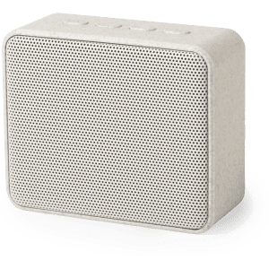 A portable speaker in a light beige colour with a textured surface and control buttons on top.