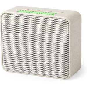 A square, light grey portable speaker with a mesh front and buttons on the top, featuring a green indicator light.