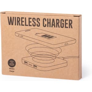 A brown cardboard box featuring a design of a wireless charger and a smartphone. The box has a logo.