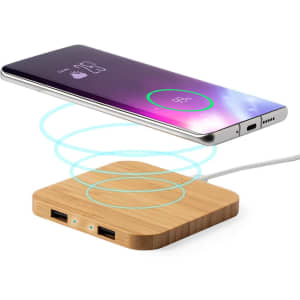 A wireless charger with a bamboo base and two USB ports, designed for charging smartphones.