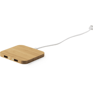 A wireless charger with a bamboo finish and a white cable, featuring two USB ports.