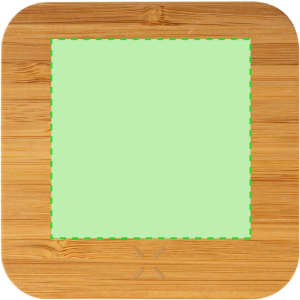 A square wireless charger with a bamboo frame and a green charging area, featuring a logo on the base.