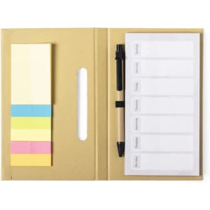 A notepad with sticky notes in yellow, pink, and blue, accompanied by a black pen and a simple folder.