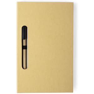 A brown sticky notepad with a pen attached, featuring a simple design and a branding logo.