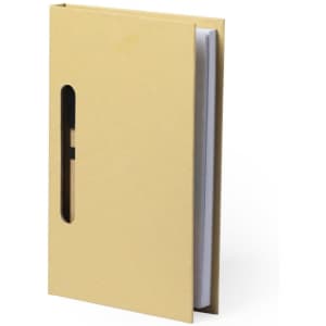 A yellow sticky notepad with a pen holder, featuring a simple design and a stack of white sticky notes inside.