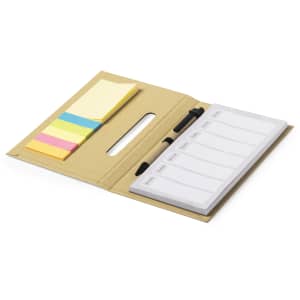 A sticky notepad set featuring assorted coloured sticky notes and a pen, all housed in a brown folder.