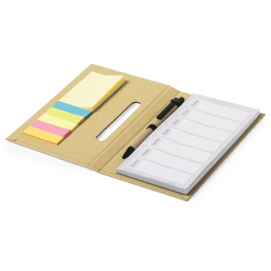 A notepad with various sticky notes in yellow, pink, and blue, alongside a pen, all in a kraft-style folder.
