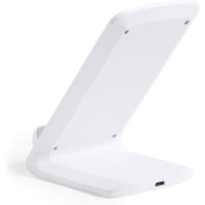 A wireless charger in white, featuring a sleek stand design with a visible USB port at the base.
