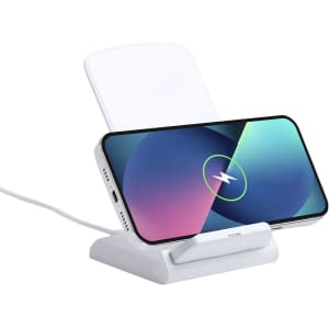 A wireless charger in white, featuring a stand for a phone, with a charging indicator on the screen.