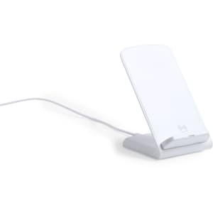 A white wireless charger with a sleek design and a charging cable attached. It features a stable stand for devices.